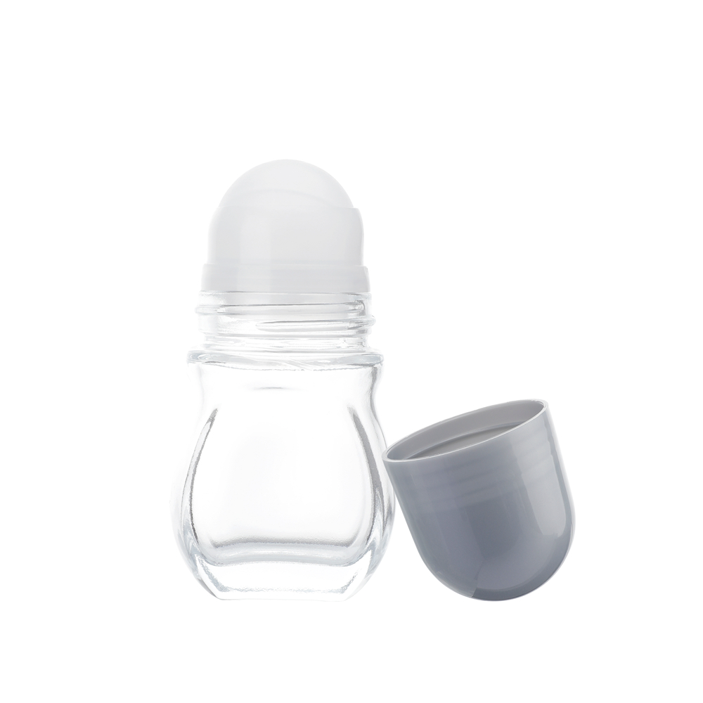 Stampa personalizzata satinata Bottiglia di vetro trasparente con coperchio a vite da 50 ml, bottiglia di vetro con deodorante roll-on, bottiglia di vetro con labbro roll-on